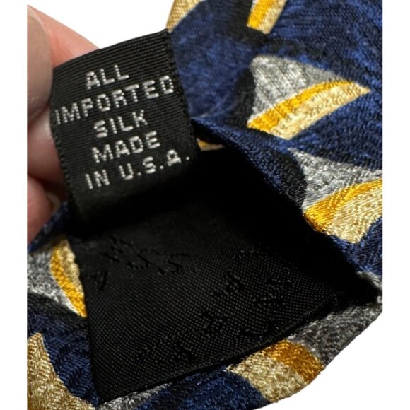 Countess Mara Silk Tie Navy/Gold/Gray Geometric Print Made In USA - Picture 5 of 6